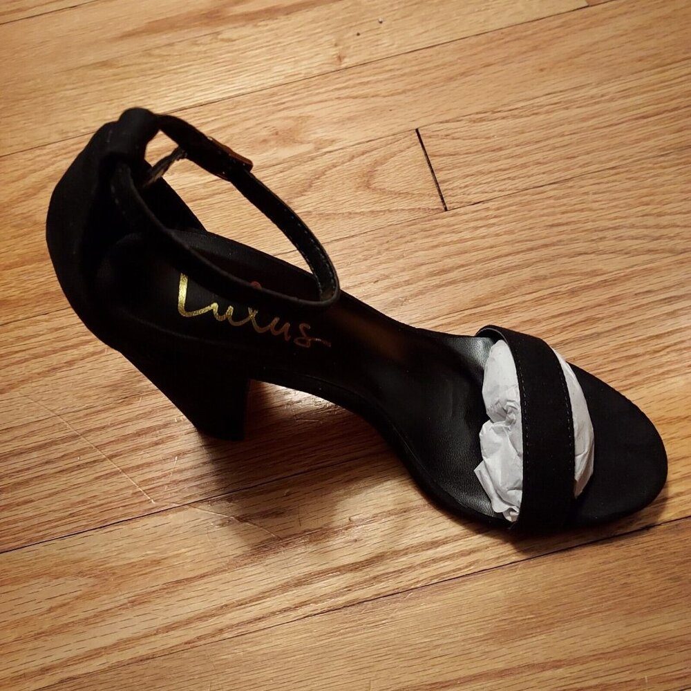 Lulus Black Sued 4" High Heels Shoes Size 7 Chunky Heel Ankle Strap - Picture 10 of 11